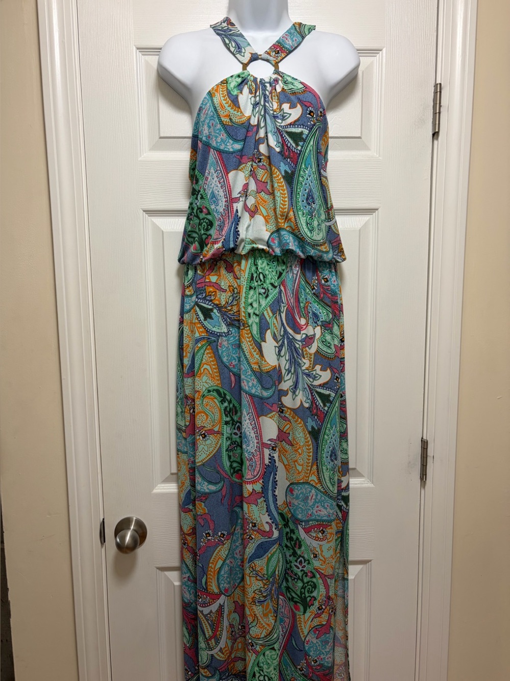 CC Boutique Teal & Multicolor Paisley Halter Maxi Dress